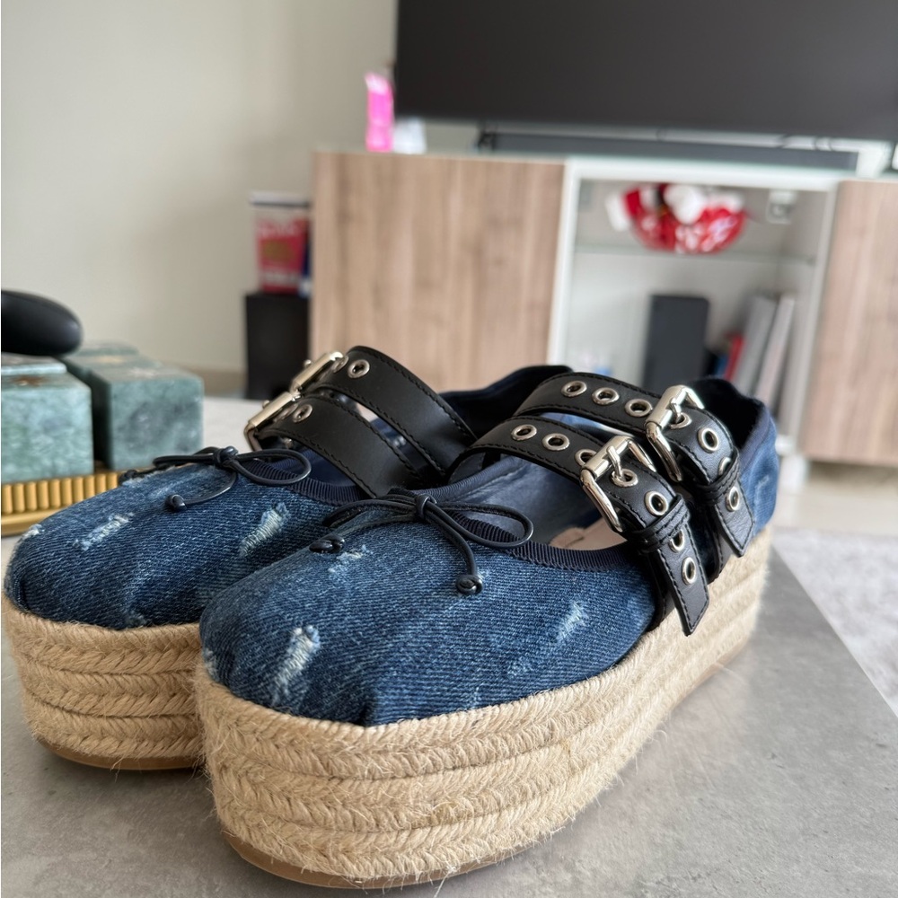 Miu Miu Blue Denim Platform Espadrilles NO CHECKERED RIBBONS